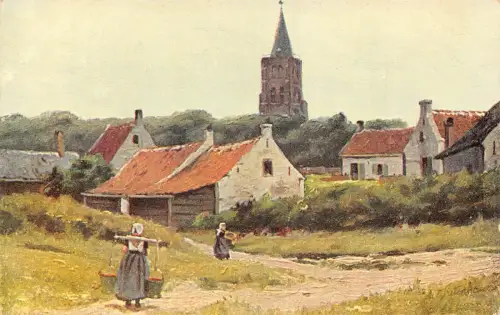 A204 Kunst signiert Gerstenhauer 1908 Frau Bäuerin pflegt Korb Dorf Postkarte