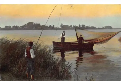 A204 Männer bei der Arbeit 1908 Fischer Fischer Fischerboot Netz Vintage Postkarte