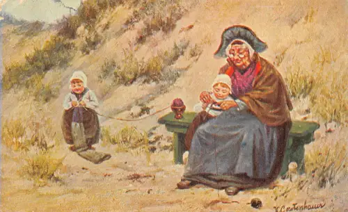 A204 Kunst signiert Gerstenhauer 1908 Großmutter lehrt Nichten Stricken Postkarte