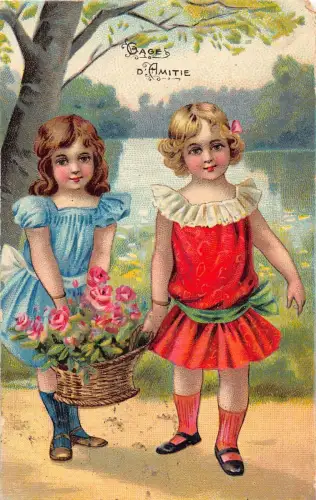 L126 Grüße Mädchen Rosen Korb Freundschaft 1908 Vintage Postkarte