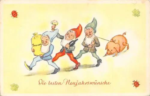 L292 Neujahrsgrüße Zwerge Geldbeutel Kleeblatt Marienkäfer Schwein Glück Postkarte