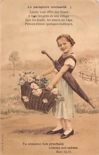 L126 Gruß Mädchen mit Regenschirm Rosen Korb 1910 Vintage Postkarte