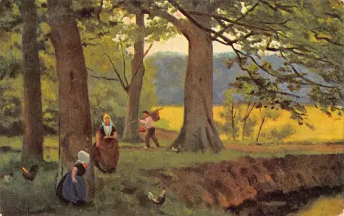 A204 Menschen 1908 Bauer Bauern fangen Hühner Kunst Vintage Postkarte