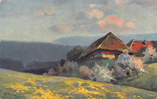 A204 Deutschland Häuser Frühling im Schwarzwald Kunst signiert Fr Reiss Vintage Postkarte