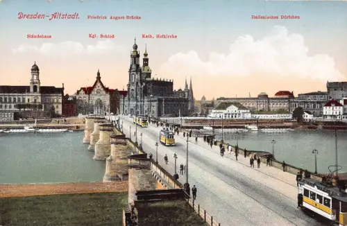 A210 Deutschland Dresden Altstadt Brücke Gesamtansicht Straßenbahnen Vintage Postkarte