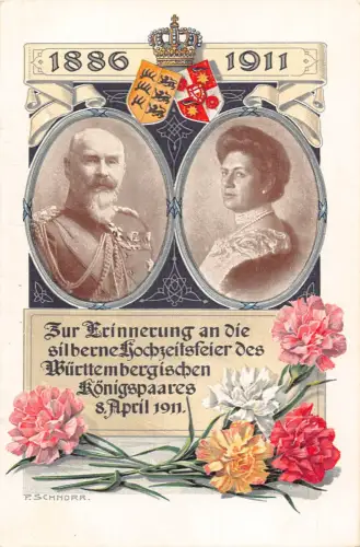 L487 Deutsches Königtum Württemberg König und Königin Blumen 1911 Postkarte