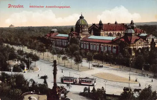 A210 Deutschland Dresden Staatlicher Ausstellungspalast Straßenbahn Vintage Postkarte