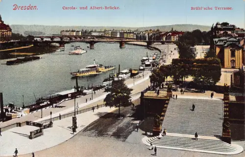 A210 Deutschland Dresden Carola und Albert Brücke Dampfer Terrasse Postkarte