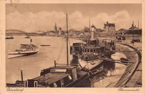 A212 Deutschland Düsseldorf 1929 Rheinansicht Dampfschiffe Vintage Postkarte