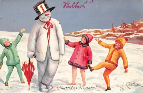 L399 Neujahrsgrüße 1930 Kinder Schneemann vermenschlicht signiert Collino Postkarte