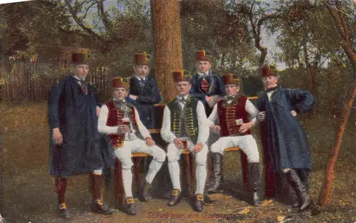 A214 Deutschland Männer in Trachten aus Hessen Volkszuge Vintage Postkarte