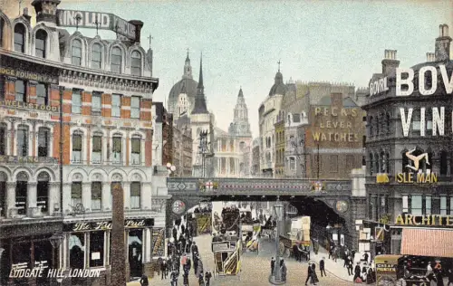 A033 England Ludgate Hill London Pecks Hebeluhren Kinglud gut erhalten Postkarte
