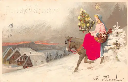 L398 Weihnachtsgrüße 1901 Mädchen Reiten Spielzeug Pferd Seidenkleid Vintage Postkarte