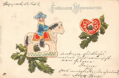 L398 Weihnachtsgrüße 1902 Spielzeug Lebkuchen geprägt Vintage Postkarte