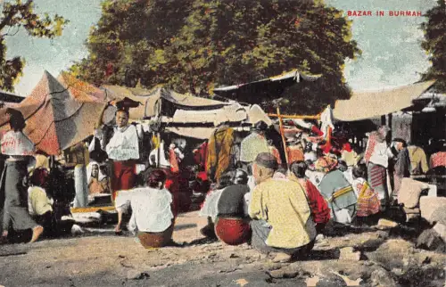 B106 Burma Myanmar Bazar Ureinwohner Verkäufer ethnische Medaille Hundefutter Werbung Postkarte