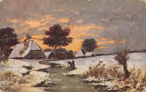 A218 Winterlandschaft Rauch Schornstein Häuser Fluss Bauern Kunst Vintage Postkarte