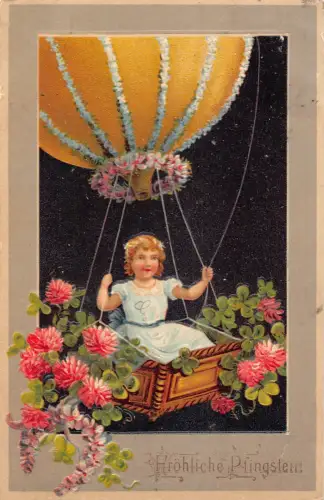 B112 Pfingstgrüße 1910 Mädchen im Heißluftballon Blumen Prägepostkarte