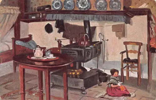 B106 Kunst von Gerstenhausen Küchenansicht Teekanne Tisch Mädchen auf Boden Postkarte