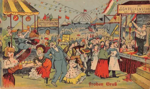 B124 Grüße Karneval Kunst Zaubertrick Damen Kampf um Mann Humor Postkarte