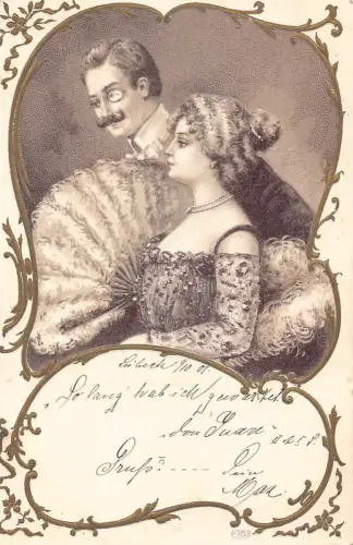 B125 Jugendstil Liebesroman 1901 Herr und Dame Fächerpaar Postkarte