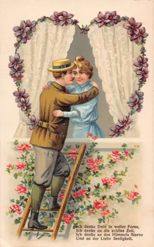 B112 Liebesroman Paar umarmt auf Leiter Veilchen Blumen geprägt Postkarte