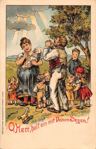 B112 Comic Humor Familie mit vielen Kindern Vater betende Postkarte