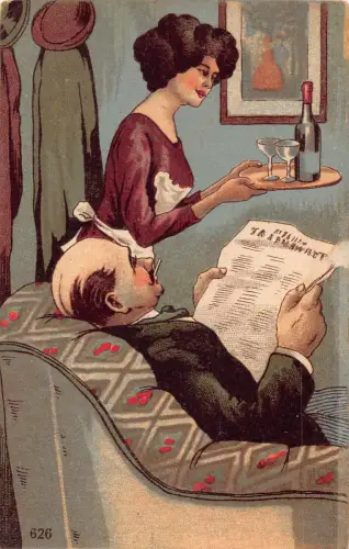 B124 Kunst Herr raucht Zigarette liest Zeitung Frau Weinflasche Postkarte