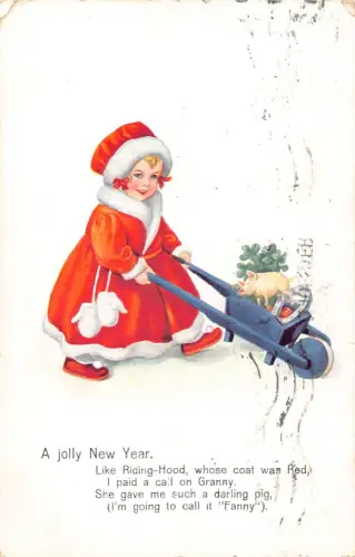 B103 Neujahr 1919 Mädchen im roten Weihnachtsmann Gewand Wagen Kleeblatt Schwein Hufeisen Postkarte