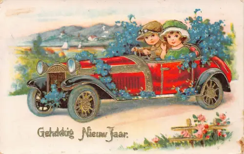 B106 Neujahrsgrüße Kinder im Auto Vergissmeinnicht Blumen Postkarte