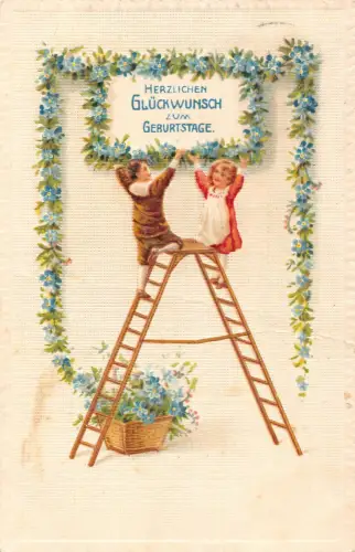 B125 Geburtstagsgrüße 1914 Kinder auf Leiter Vergissmeinnicht Blumen Postkarte