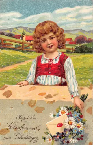 B125 Geburtstagsgrüße 1909 Blume Gänseblümchen Blumenstrauß Mädchen Brief geprägt Postkarte