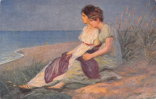 B106 Kunst von Adolf Hering 1920 Mädchen am Strand beobachten Sonnenuntergang Vintage Postkarte