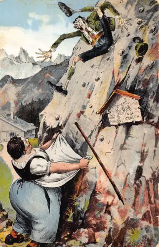 B093 Comic Humor 1925 Bergsteiger fallende Frau fängt in Schürze Postkarte