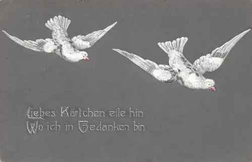 B106 Liebes Kaertchen Dankbare Liebe Taubenpaar fliegend 1906 Prägepostkarte
