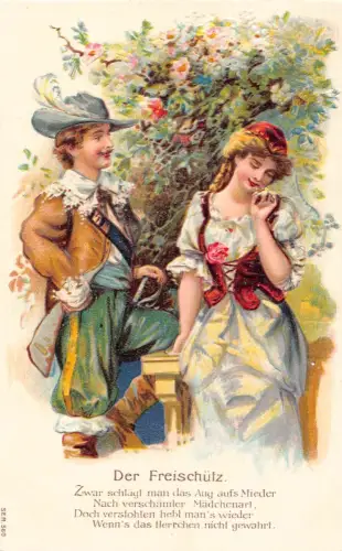 B124 Liebesroman Mittelalter Paar flirtet Freischütz Blumen Prägepostkarte