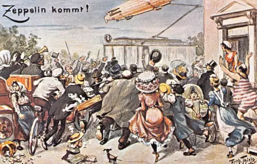 B106 Comic Humor Chaotische Menge auf dem Weg zu Zeppelin Hund Fahrrad Kunst Postkarte