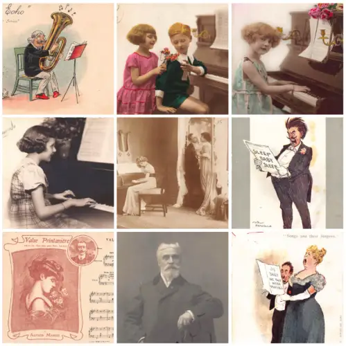 Musik Komponisten Instrumente Kinder Comic Humor Konvolut 9 Vintage Postkarten B885