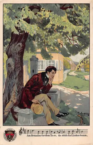 B101 Deutscher Schul-Verein Noten Komponist unter Baum 1911 Postkarte