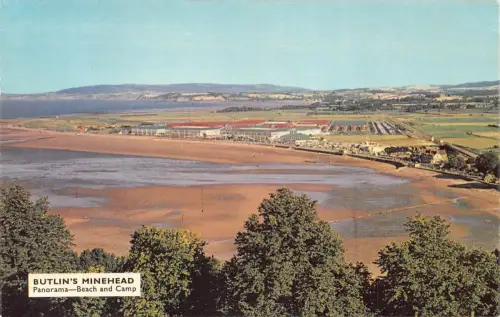 B129 England 1974 Butlin's Minehead Panorama Beach and Camp Vintage Postkarte