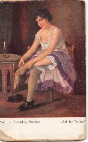 B112 Art by G Rienaecker Bei der Toilette Beauty Socken anziehen Postkarte