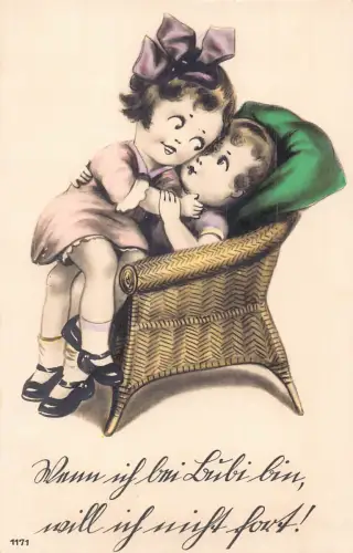B125 Liebesroman Kinder als Paar umarmt im Stuhl Vintage Postkarte