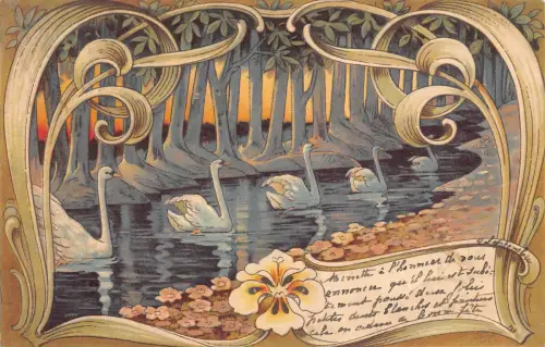 B125 Jugendstil 1901 Schwanenreihe am Fluss bei Sonnenuntergang Blumen Postkarte