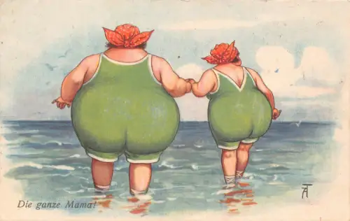 B125 Comic Humor Die Ganze Mama! Sehr dickes Paar im Badeanzug im Meer Postkarte