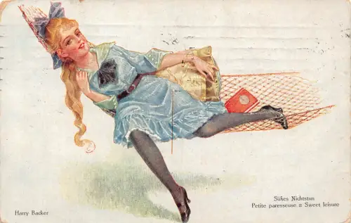 B124 Kunst von Harry Backer 1924 süßes Freizeit Mädchen blaues Kleid in Hängematte Postkarte