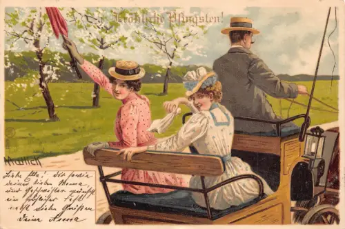 B124 Pfingstgrüße 1902 Mailick Kunst Damen in Kutsche Vintage Postkarte