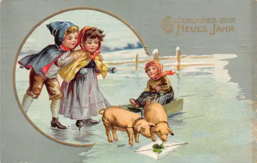 B124 Neujahrsgrüße 1910 Kinder Schlittschuh Schwein Schlitten Kleeblatt Prägung Postkarte