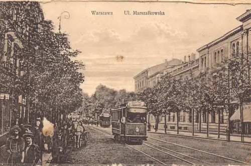B111 Polen Warszawa Warschau Ul Marszalkowska Straßenbahn Straße Vintage Postkarte