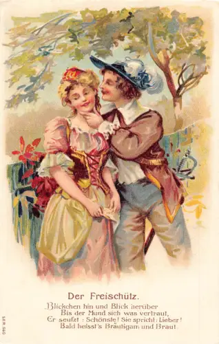 B114 Liebesroman Paar flirtend Mittelalter gekleidet Freischütz Präge Postkarte