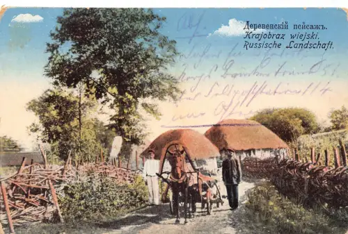B108 Russland 1916 Russische Landansicht Pferdekutsche Bauern 1. Weltkrieg Feldpostkarte