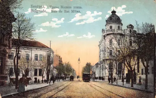 B108 Serbien Belgrad Rue de Roi Mailand Straße Straßenbahn Vintage Postkarte